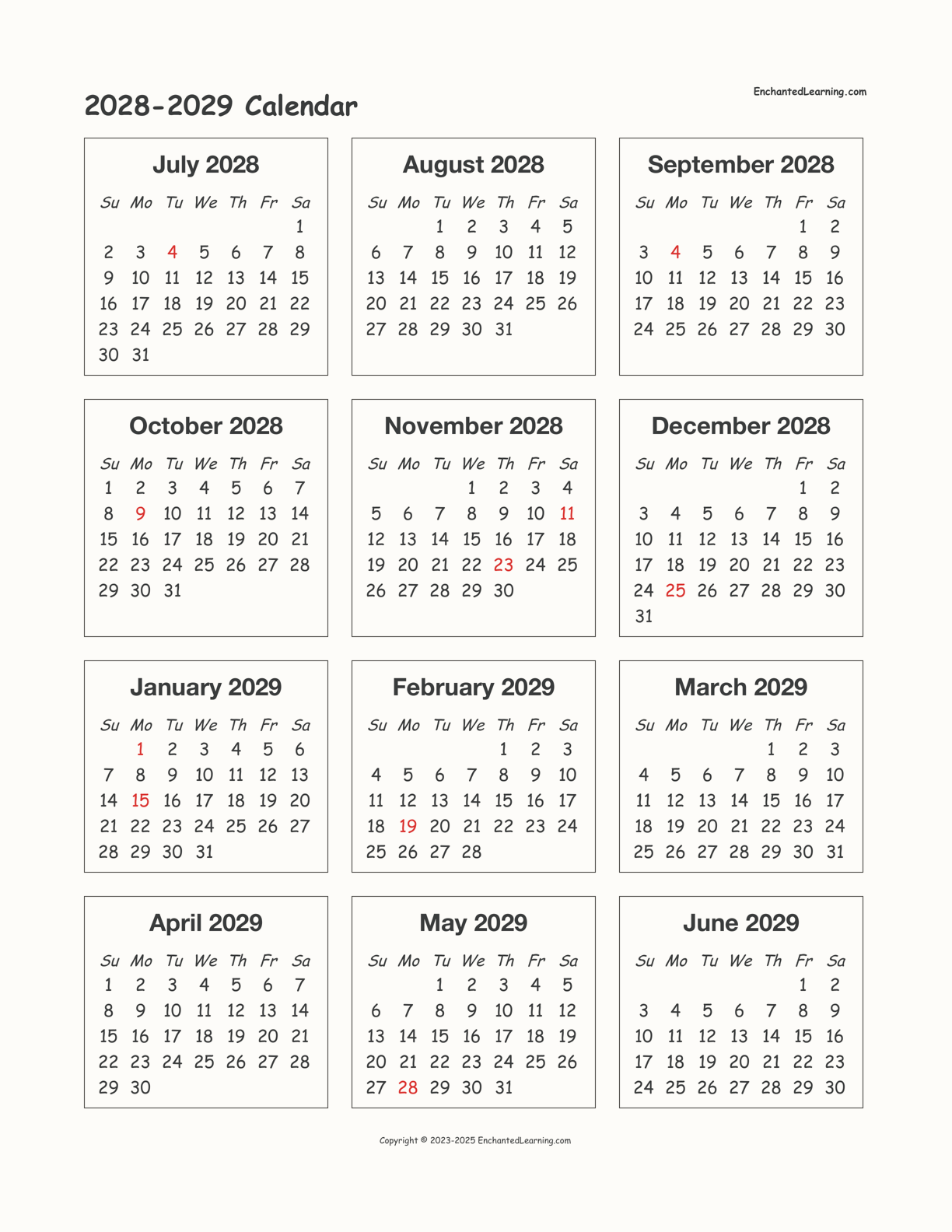 2028-2029 Calendar interactive printout page 1