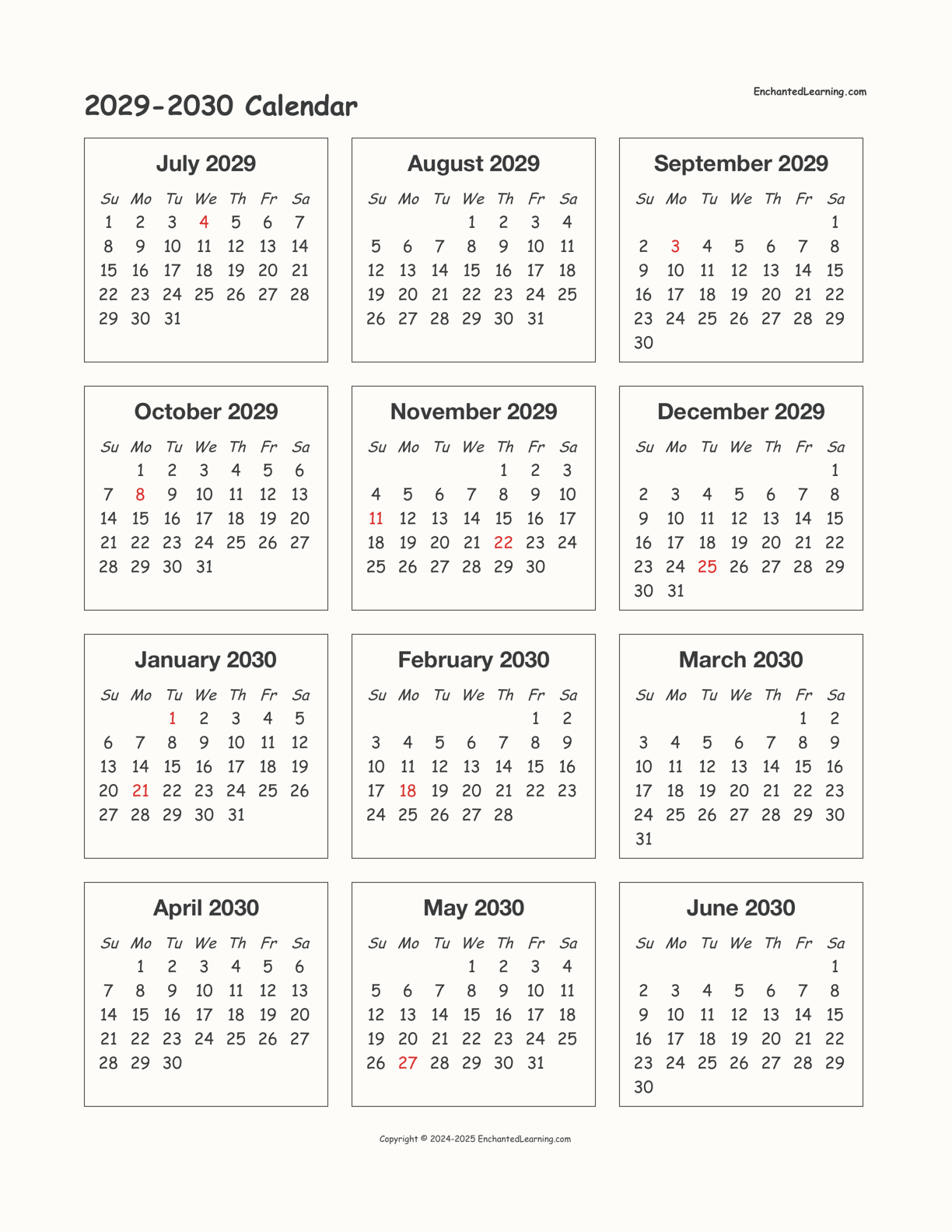 2029-2030 School-Year One-Page Calendar - Enchanted Learning