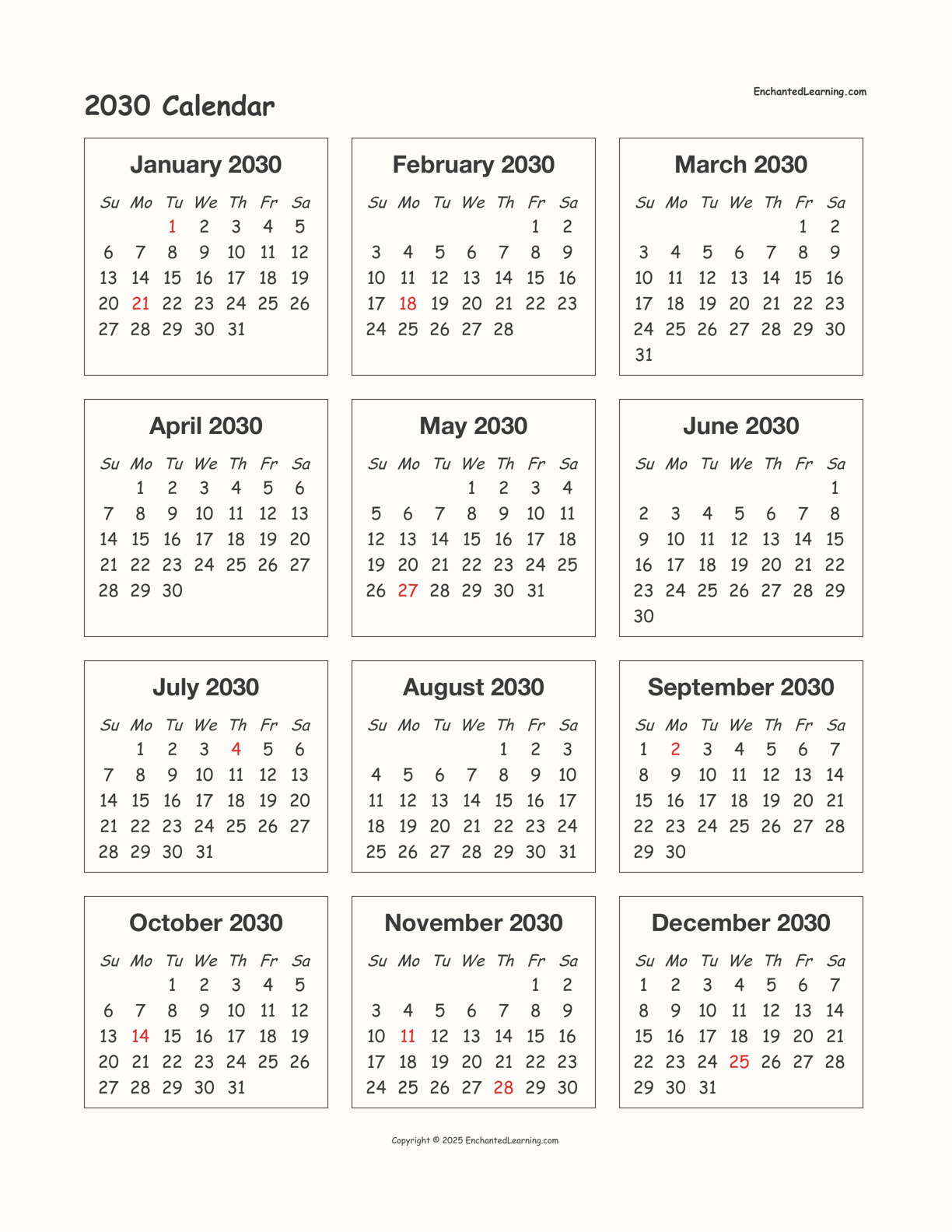 2030 Calendar interactive printout page 1