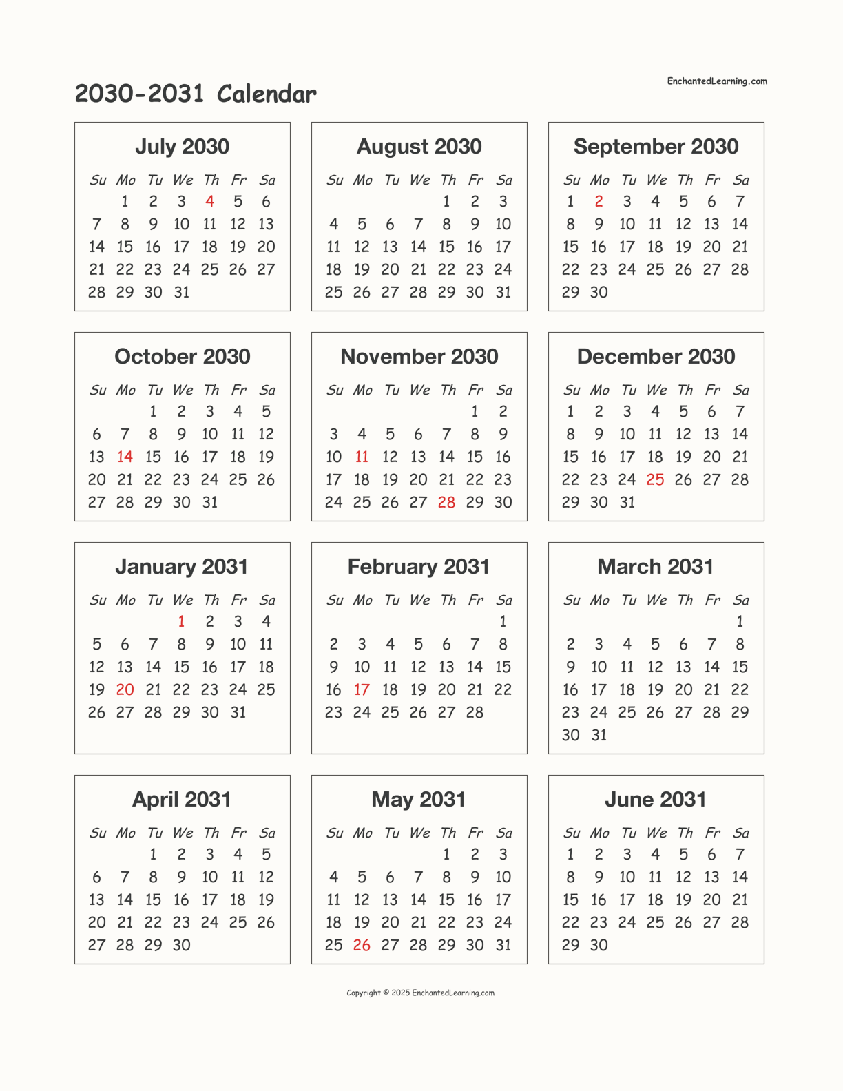 2030-2031 Calendar interactive printout page 1