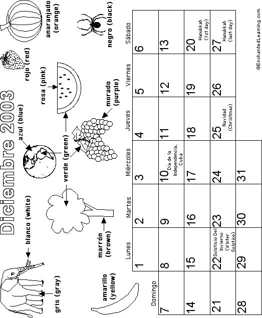 December Calendar In Spanish