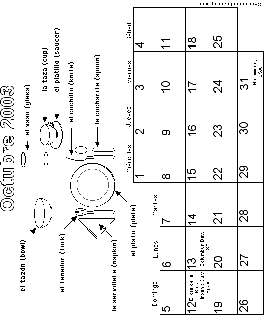 October Spanish Calendar 2003: EnchantedLearning com
