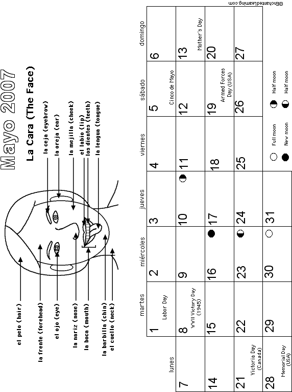 May Spanish Calendar 2007 (European Layout): EnchantedLearning com