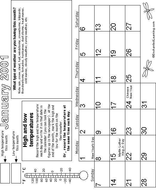 January Calendar 2001 Weather: EnchantedLearning com