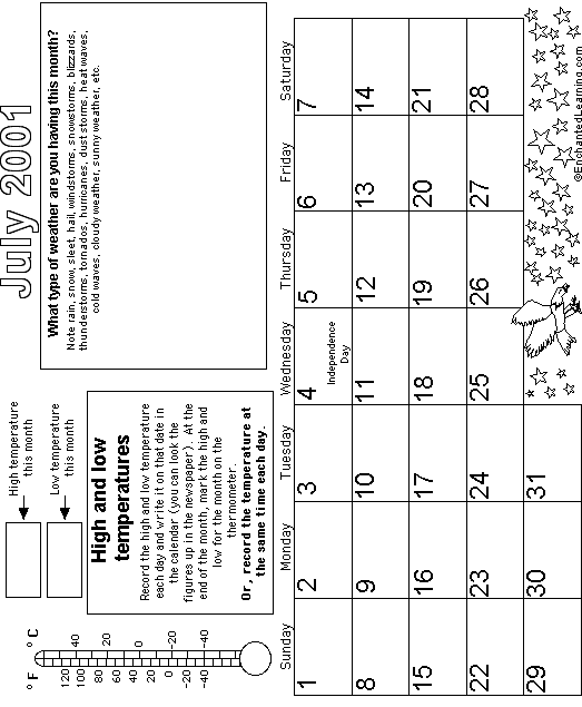 July Calendar 2001 Weather: EnchantedLearning com