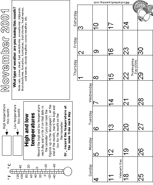 November Calendar 2001 Weather: EnchantedLearning com