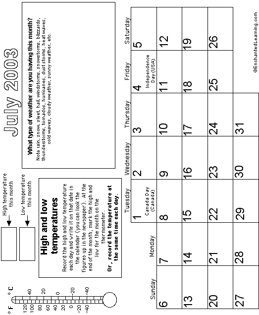 July Calendar 2003 Weather: EnchantedLearning com