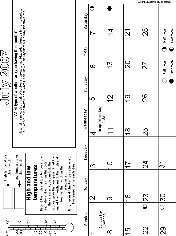 July Calendar 2007 Weather: EnchantedLearning com