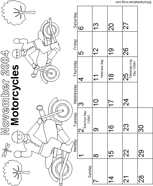 November Calendar 2004 Wheeled Vehicles: EnchantedLearning com