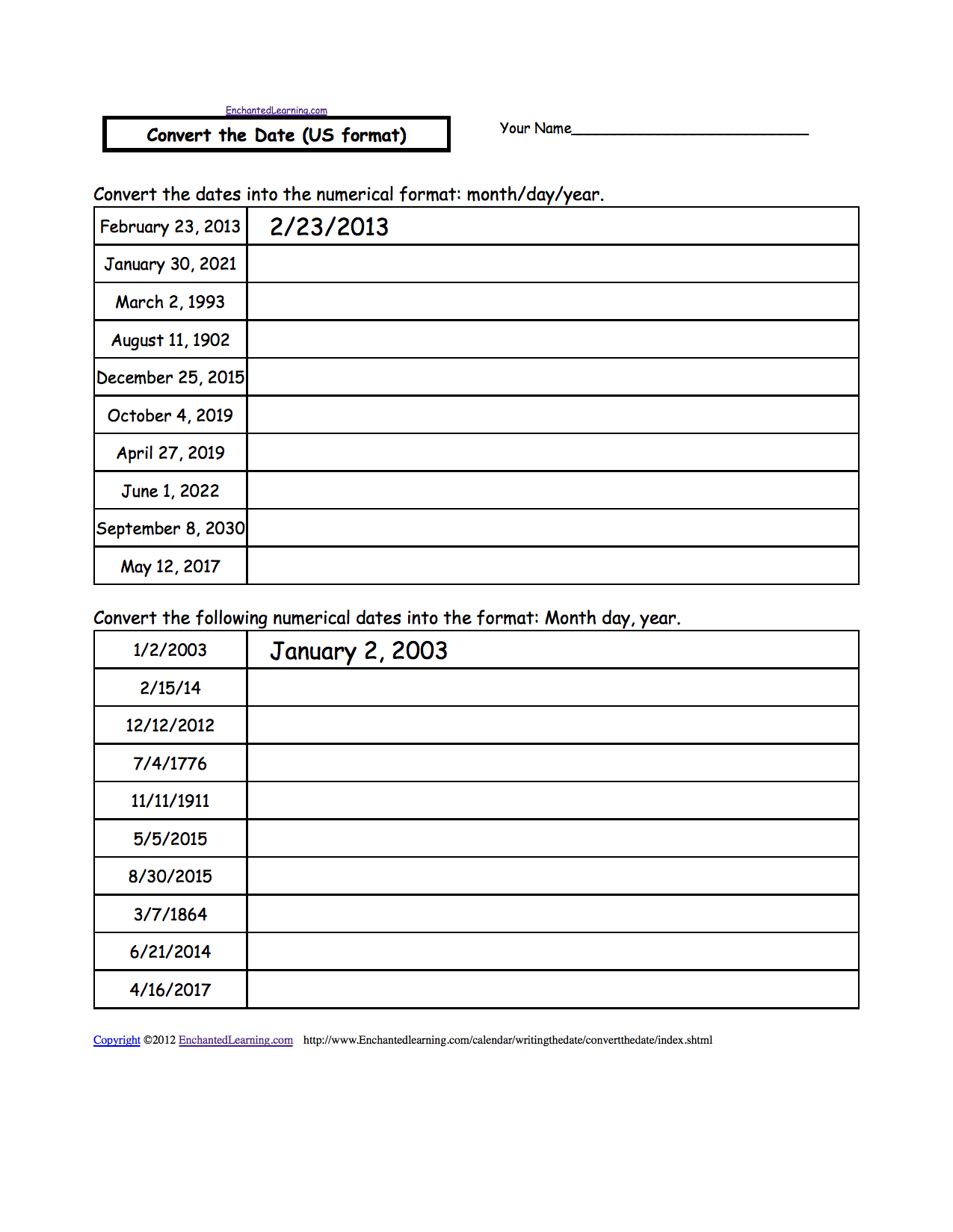 Writing A Date US Format EnchantedLearning