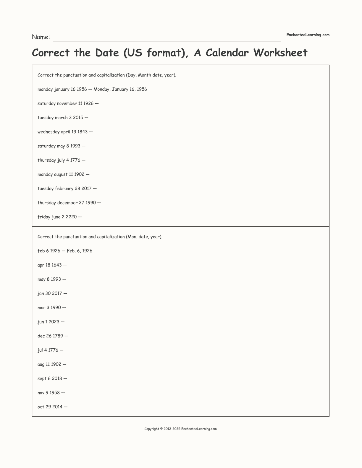 Correct the Date (US format), A Calendar Worksheet interactive worksheet page 1