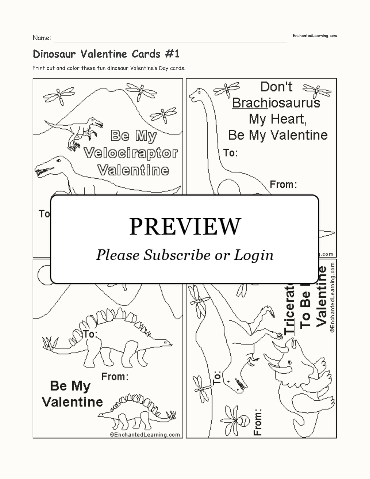 Dinosaur Valentine Cards #1 interactive printout page 1