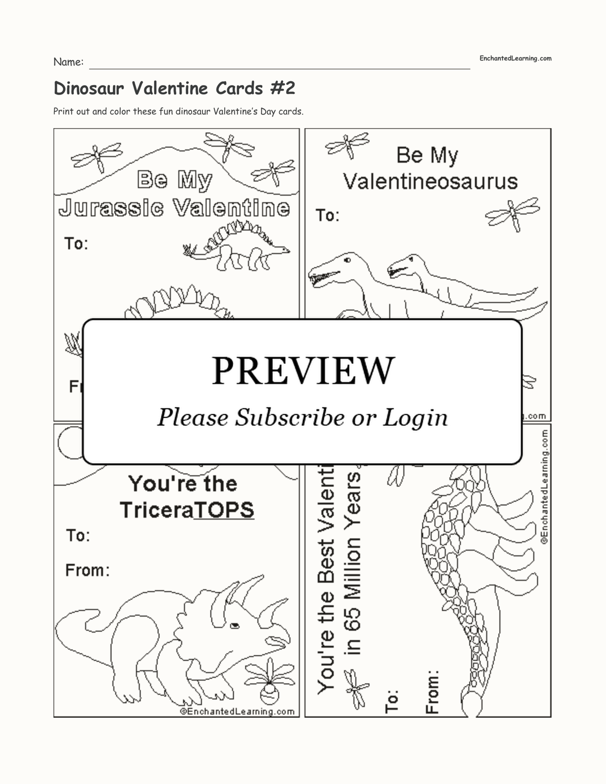 Dinosaur Valentine Cards #2 interactive printout page 1