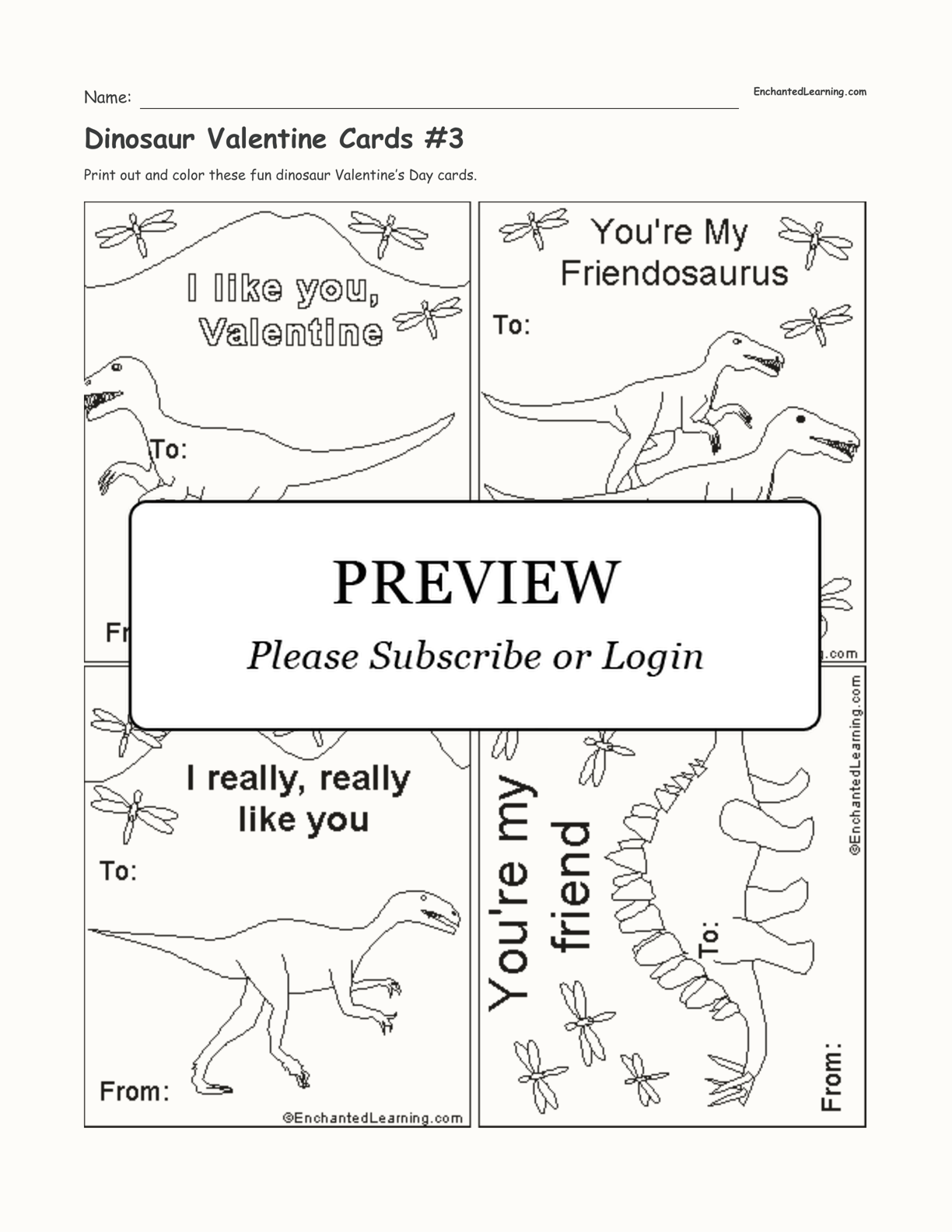 Dinosaur Valentine Cards #3 interactive printout page 1