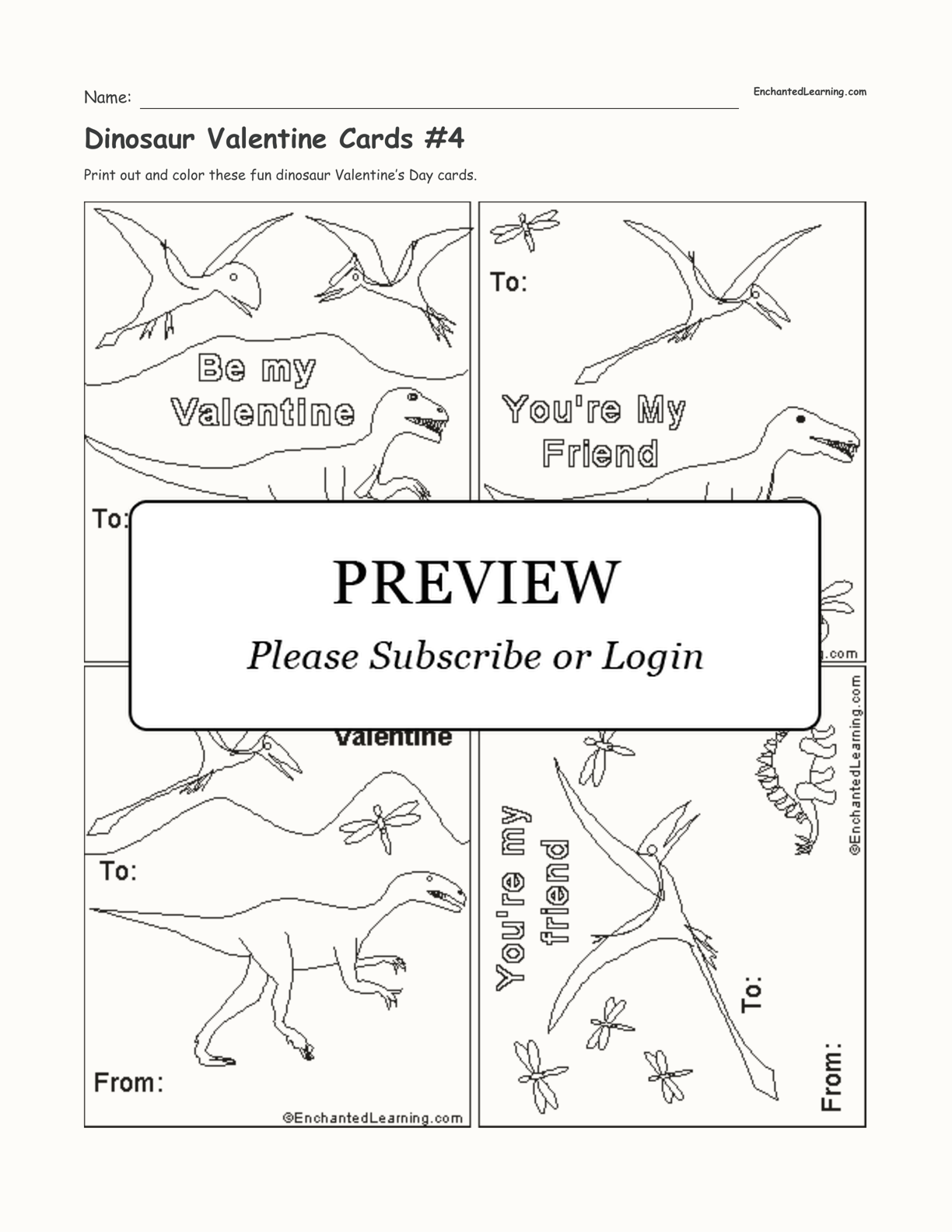 Dinosaur Valentine Cards #4 interactive printout page 1