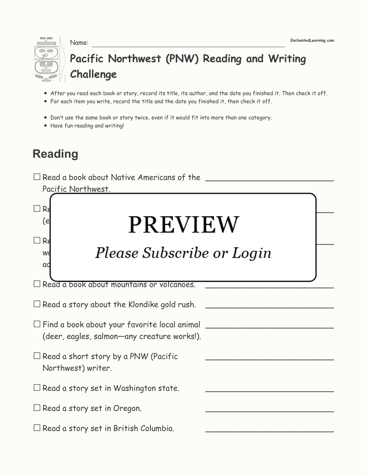 Pacific Northwest (PNW) Reading and Writing Challenge interactive printout page 1