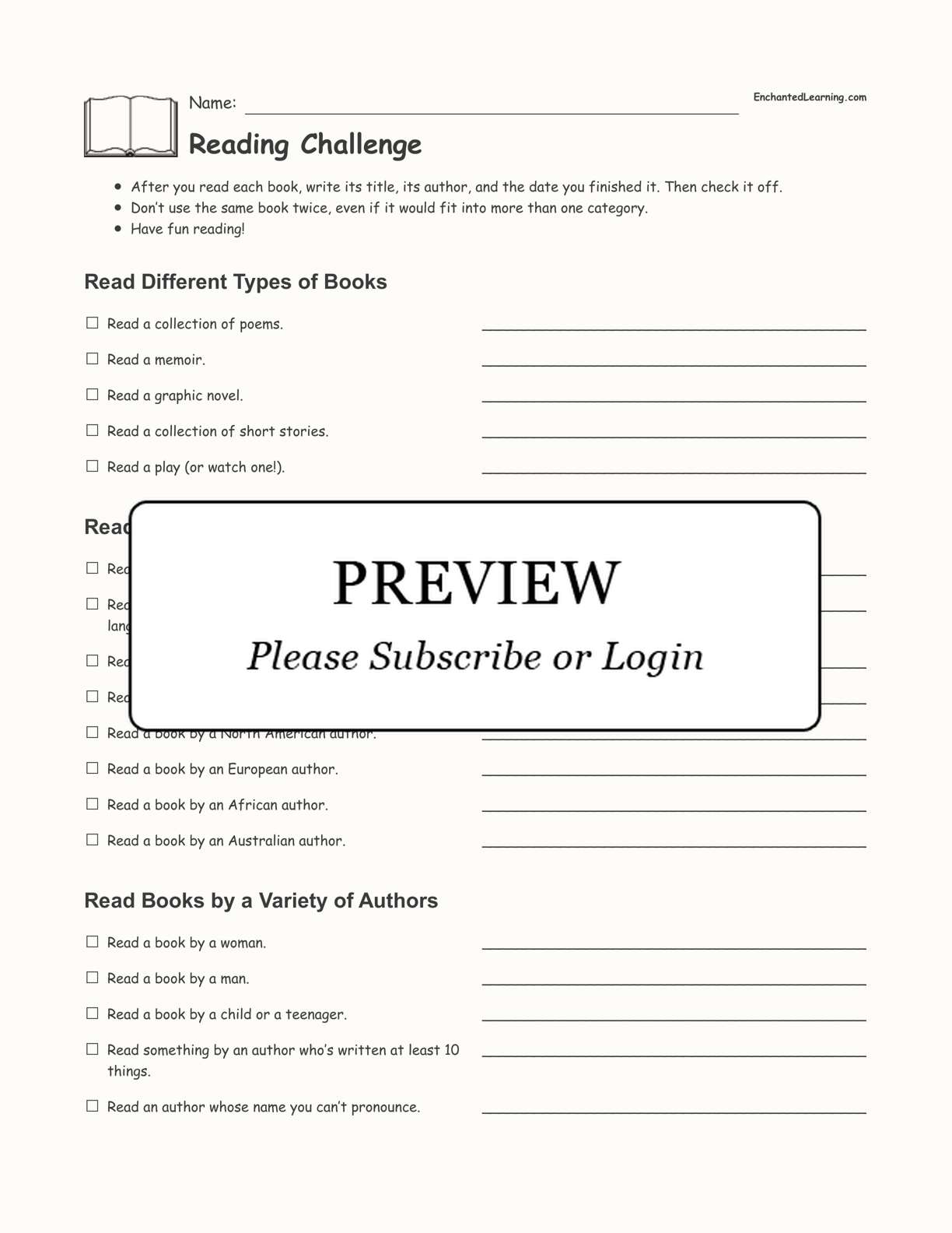 Reading Challenge interactive printout page 1