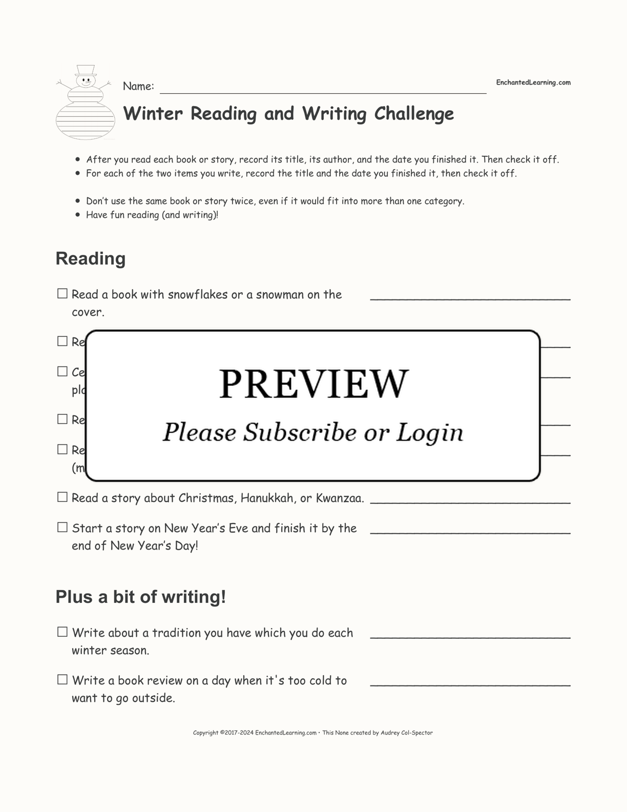 Winter Reading and Writing Challenge interactive printout page 1