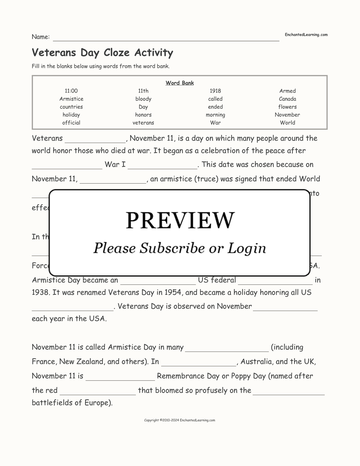 Veterans Day Cloze Activity interactive worksheet page 1