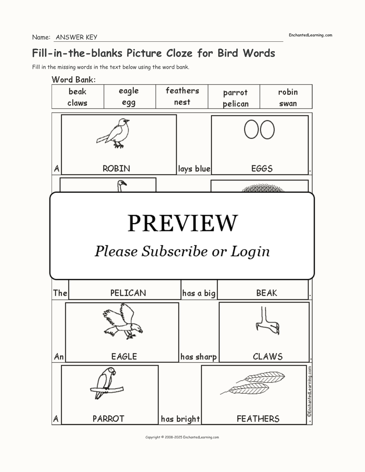 Fill-in-the-blanks Picture Cloze for Bird Words interactive worksheet page 2