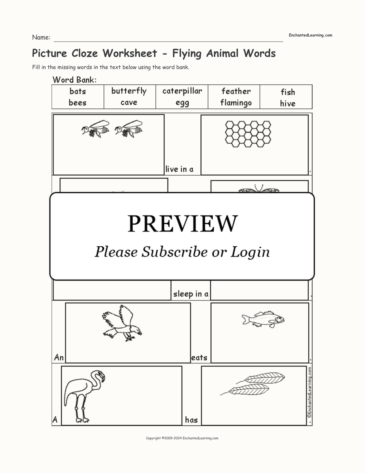 Picture Cloze Worksheet - Flying Animal Words interactive worksheet page 1