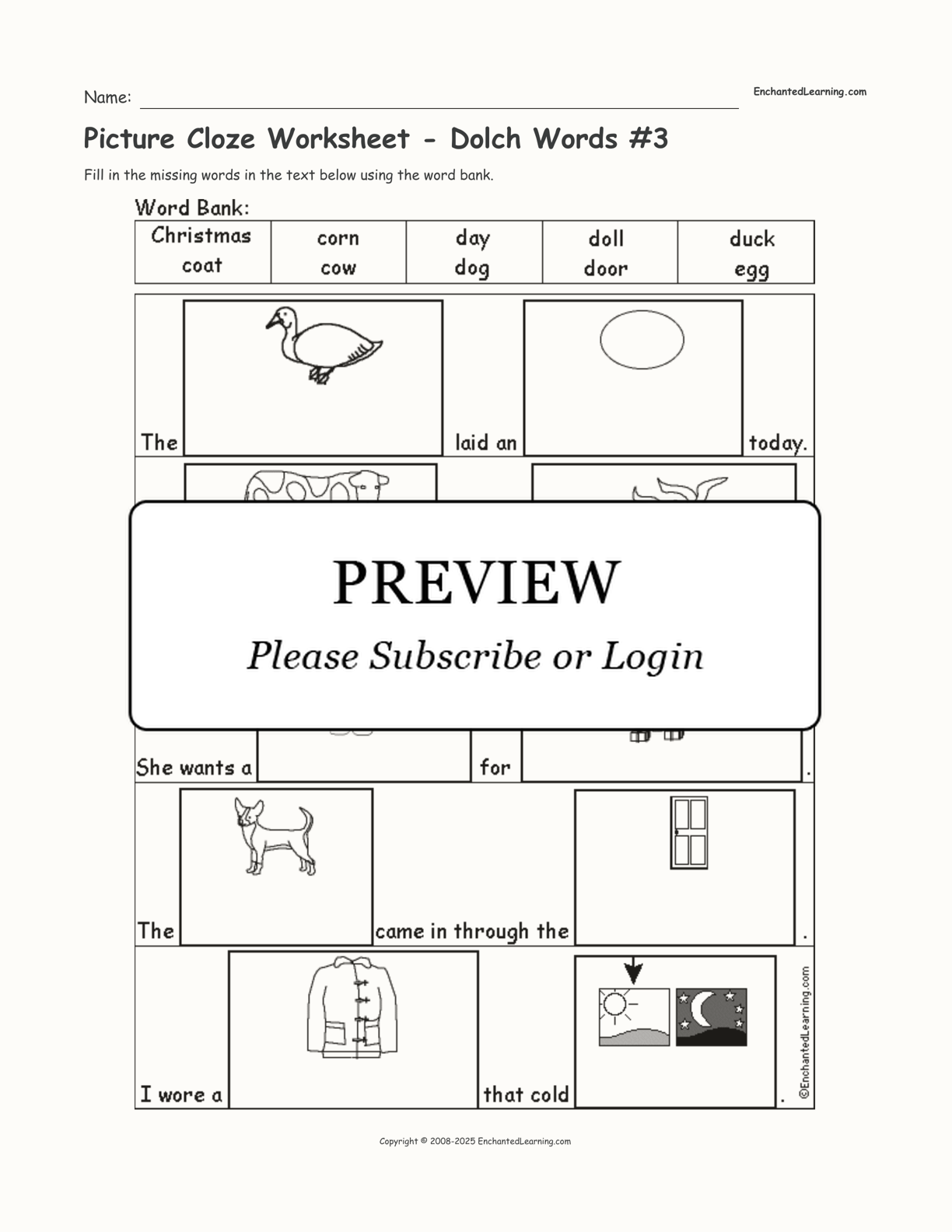 Picture Cloze Worksheet - Dolch Words #3 interactive worksheet page 1