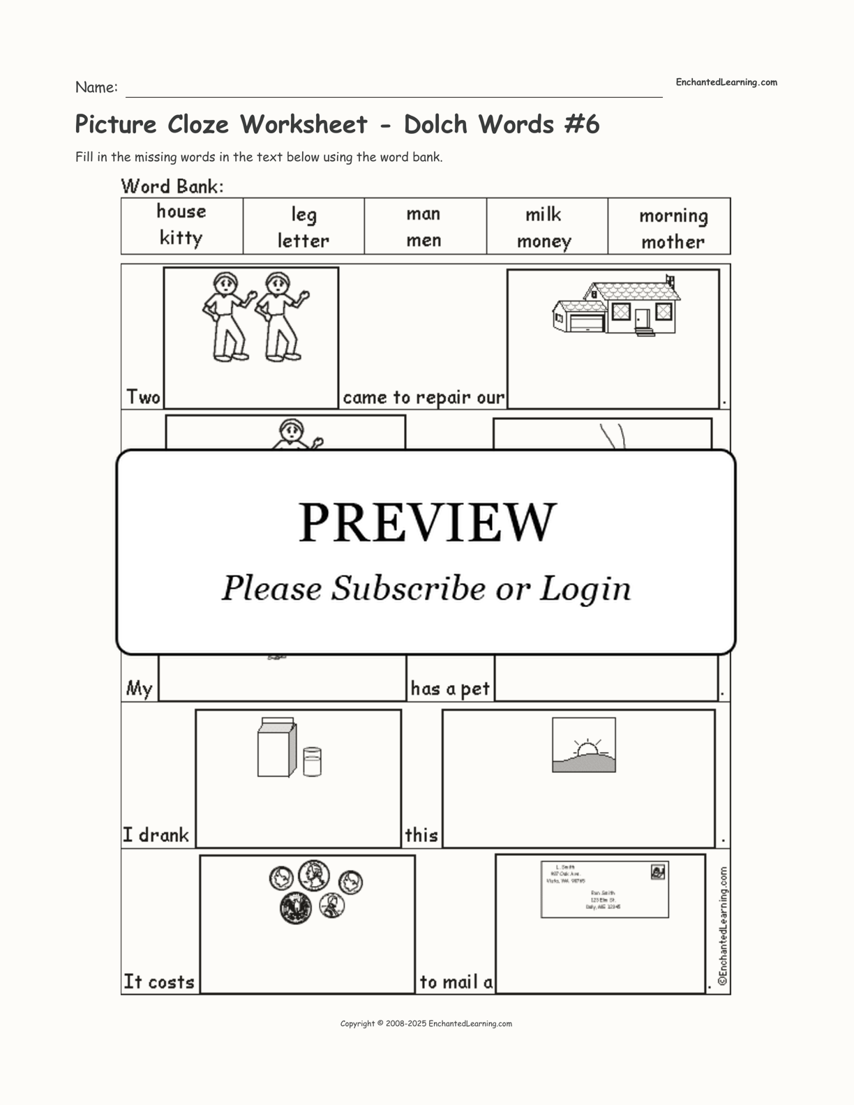 Picture Cloze Worksheet - Dolch Words #6 interactive worksheet page 1