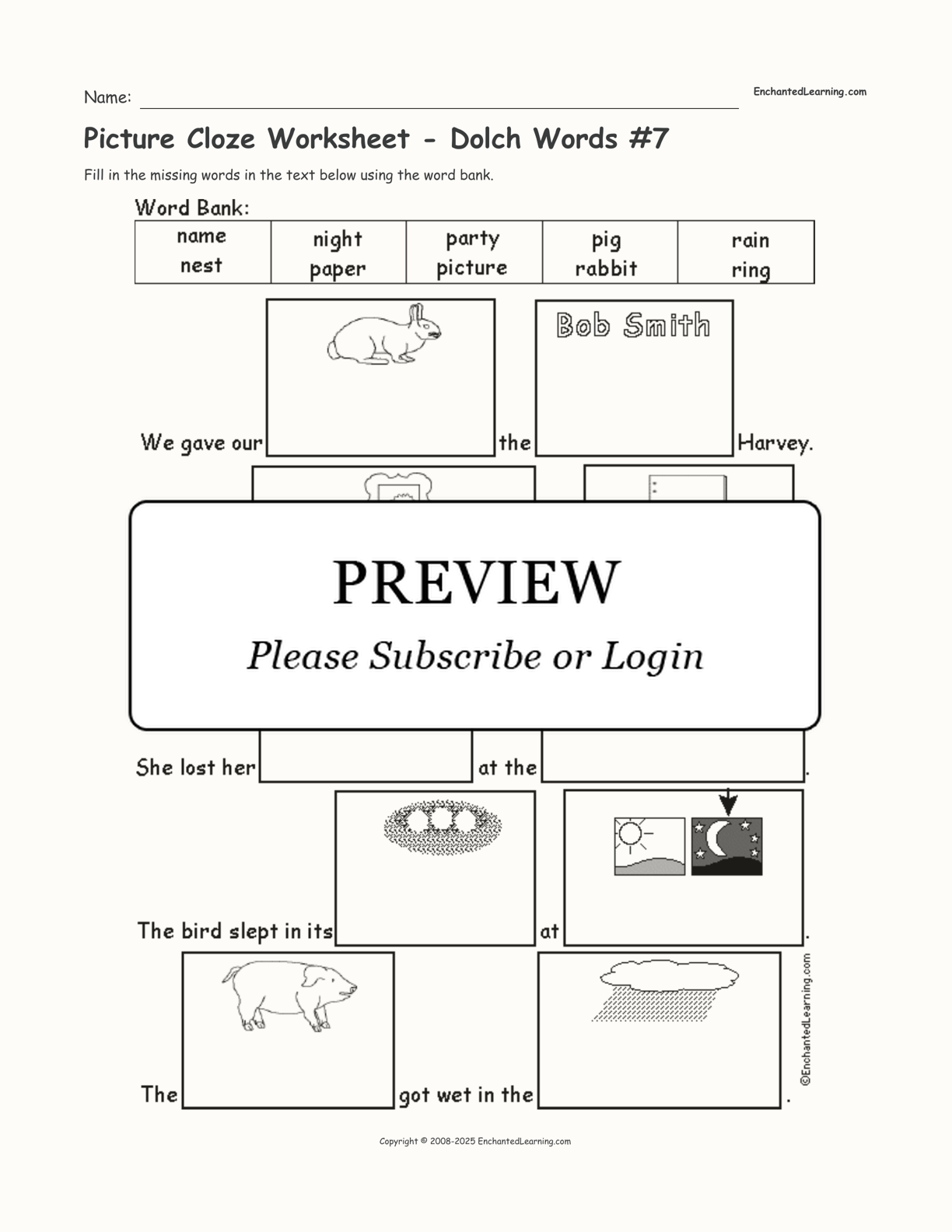 Picture Cloze Worksheet - Dolch Words #7 interactive worksheet page 1