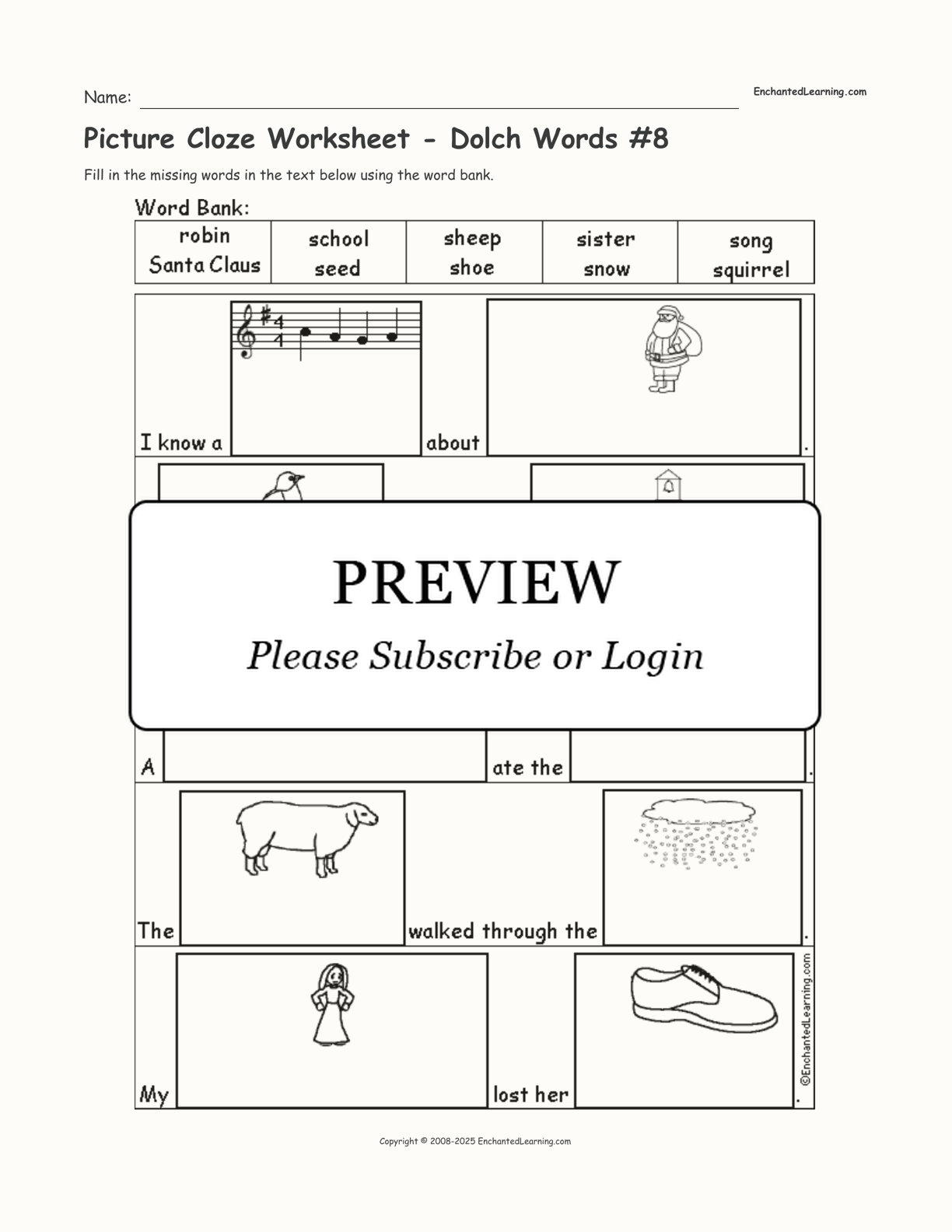 Picture Cloze Worksheet - Dolch Words #8 interactive worksheet page 1