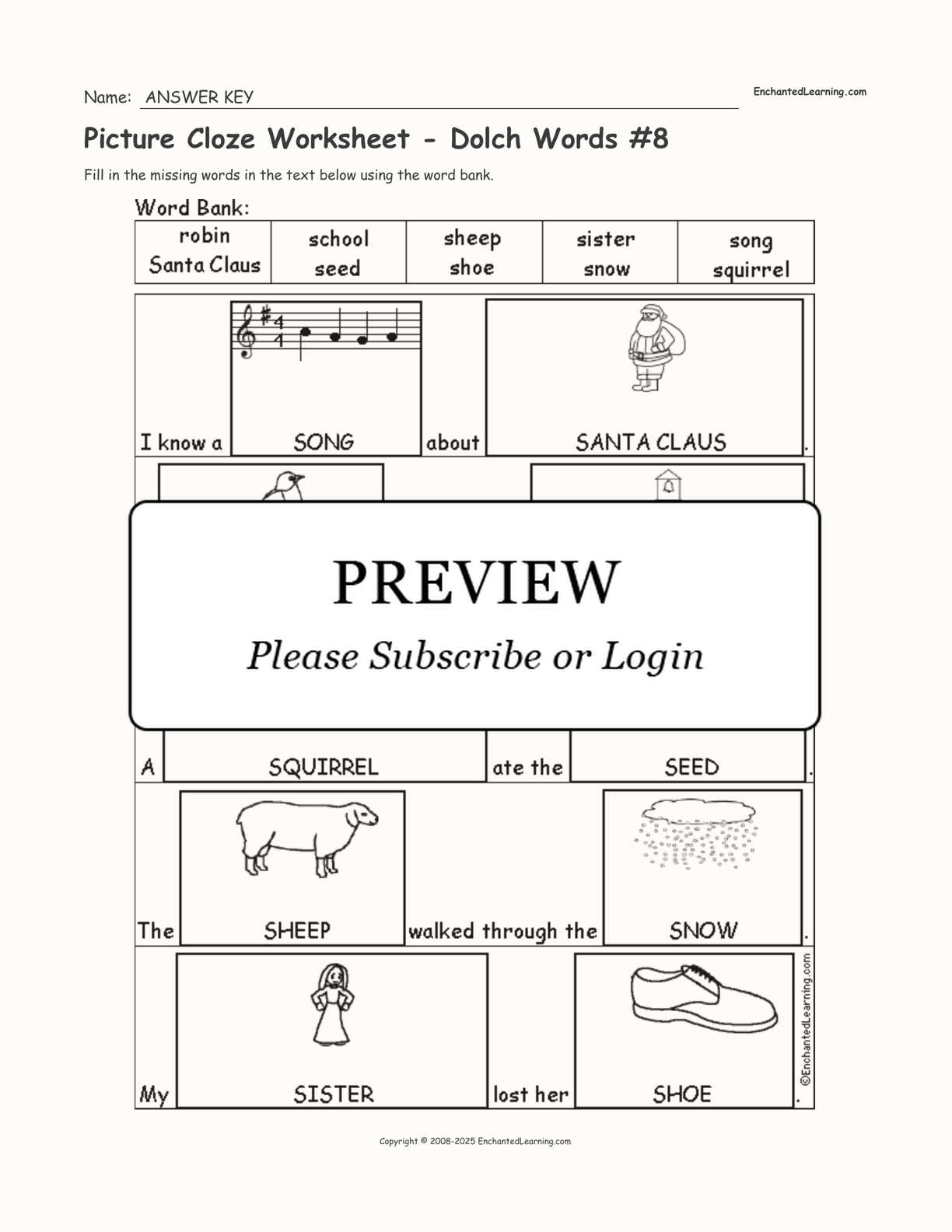 Picture Cloze Worksheet - Dolch Words #8 interactive worksheet page 2