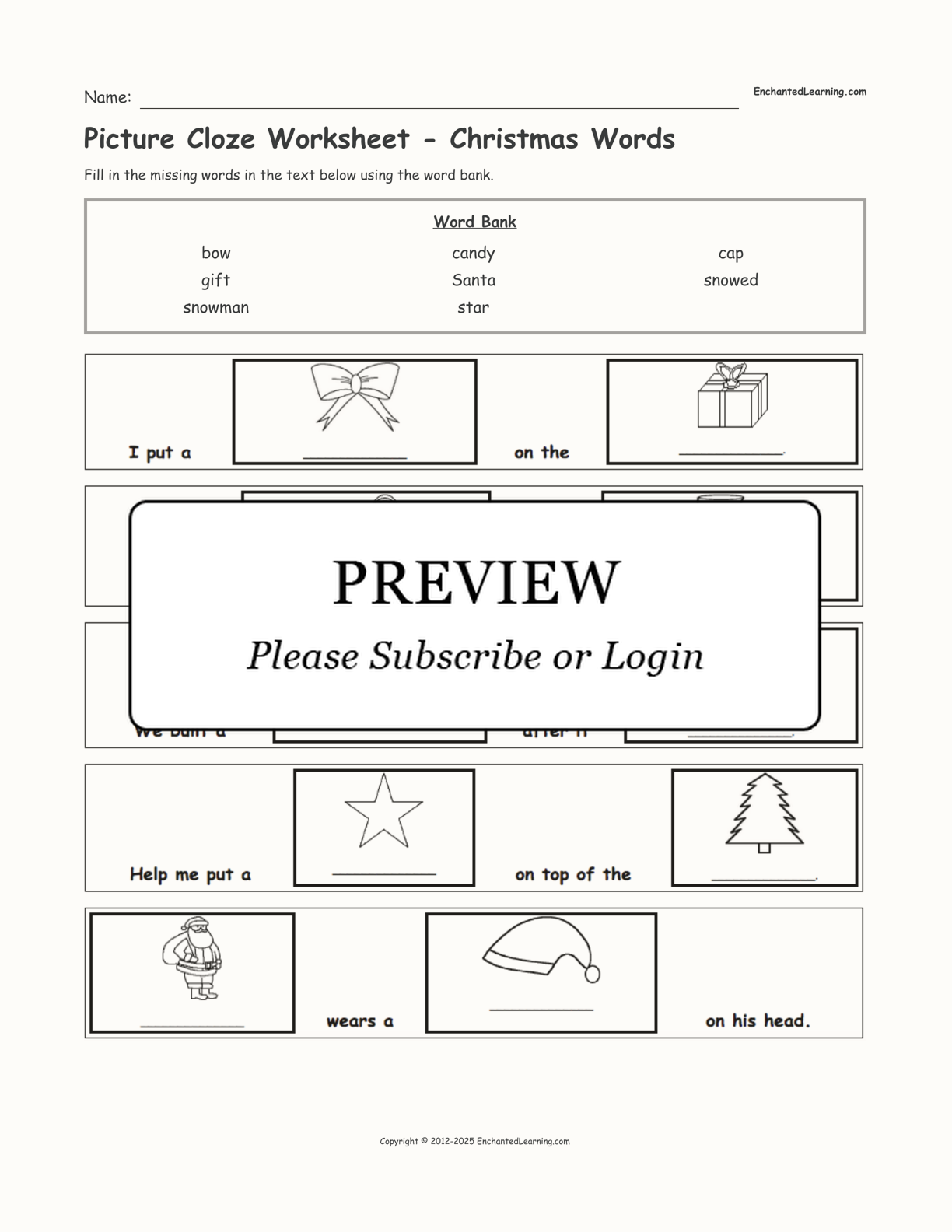 Picture Cloze Worksheet - Christmas Words - Enchanted Learning