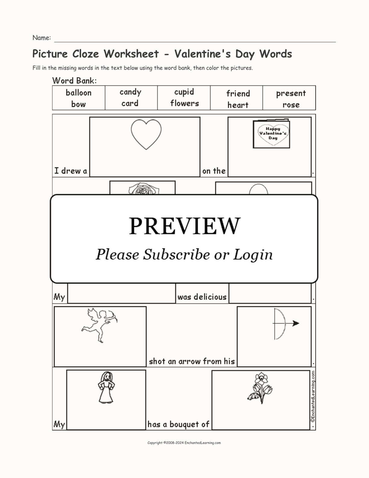 Picture Cloze Worksheet Valentine s Day Words Enchanted Learning