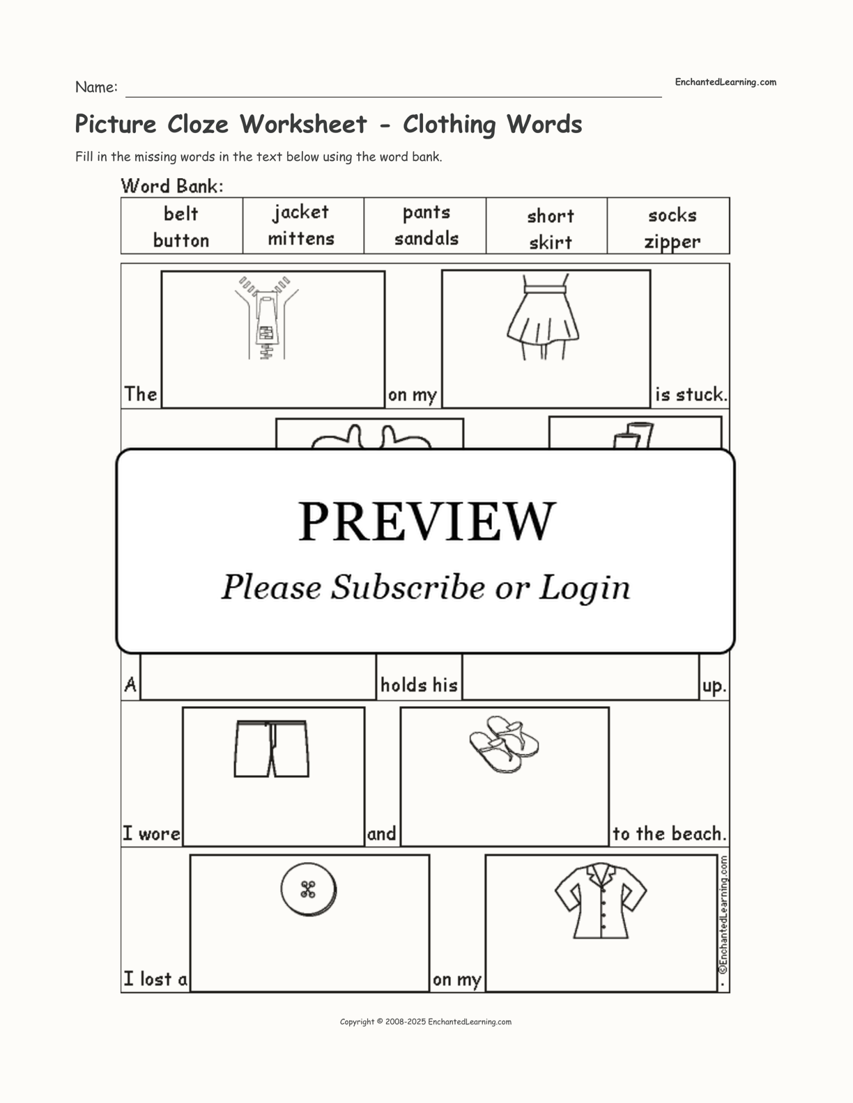 Picture Cloze Worksheet - Clothing Words interactive worksheet page 1