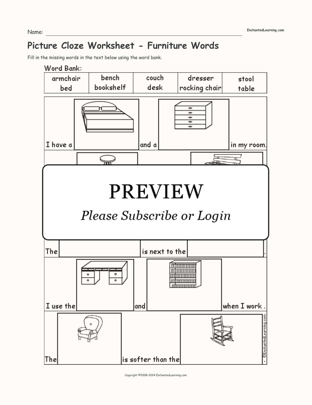Picture Cloze Worksheet - Furniture Words interactive worksheet page 1