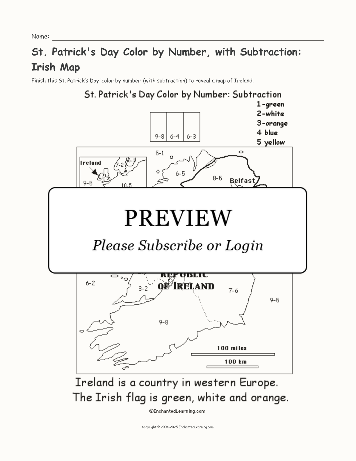 St. Patrick's Day Color by Number, with Subtraction: Irish Map interactive printout page 1