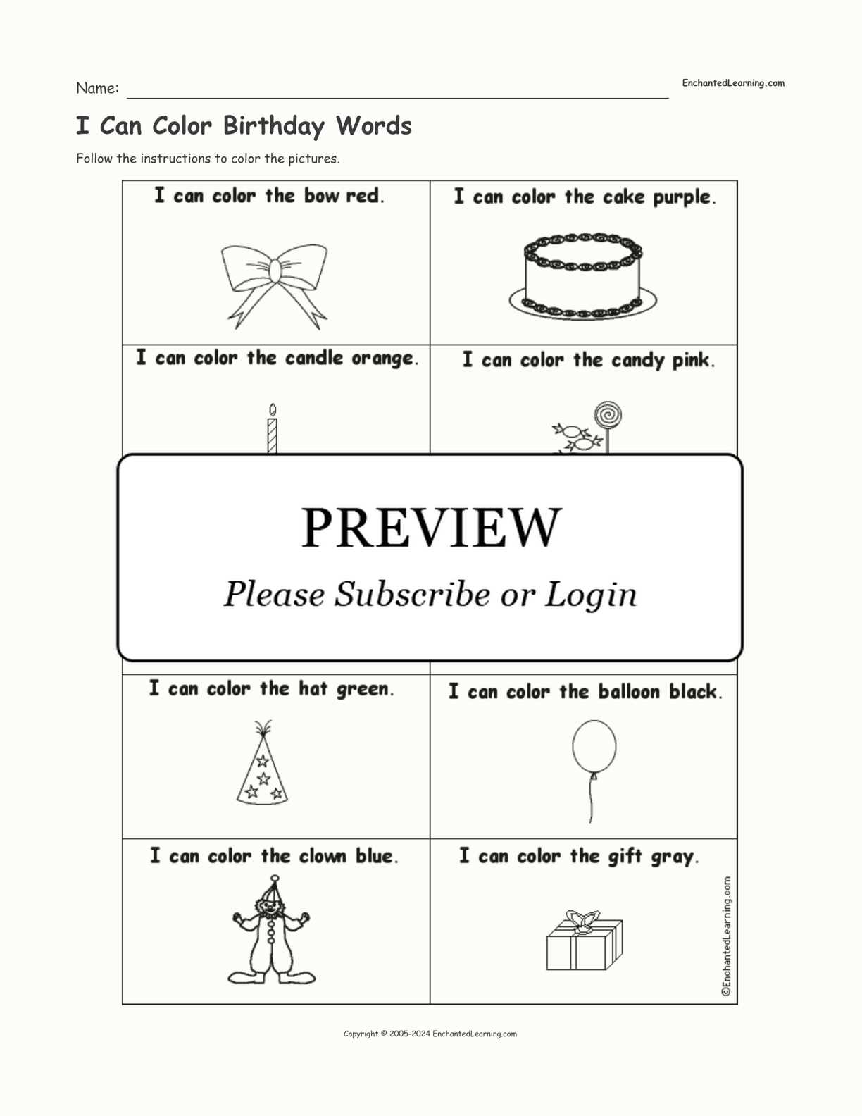 I Can Color Birthday Words interactive worksheet page 1