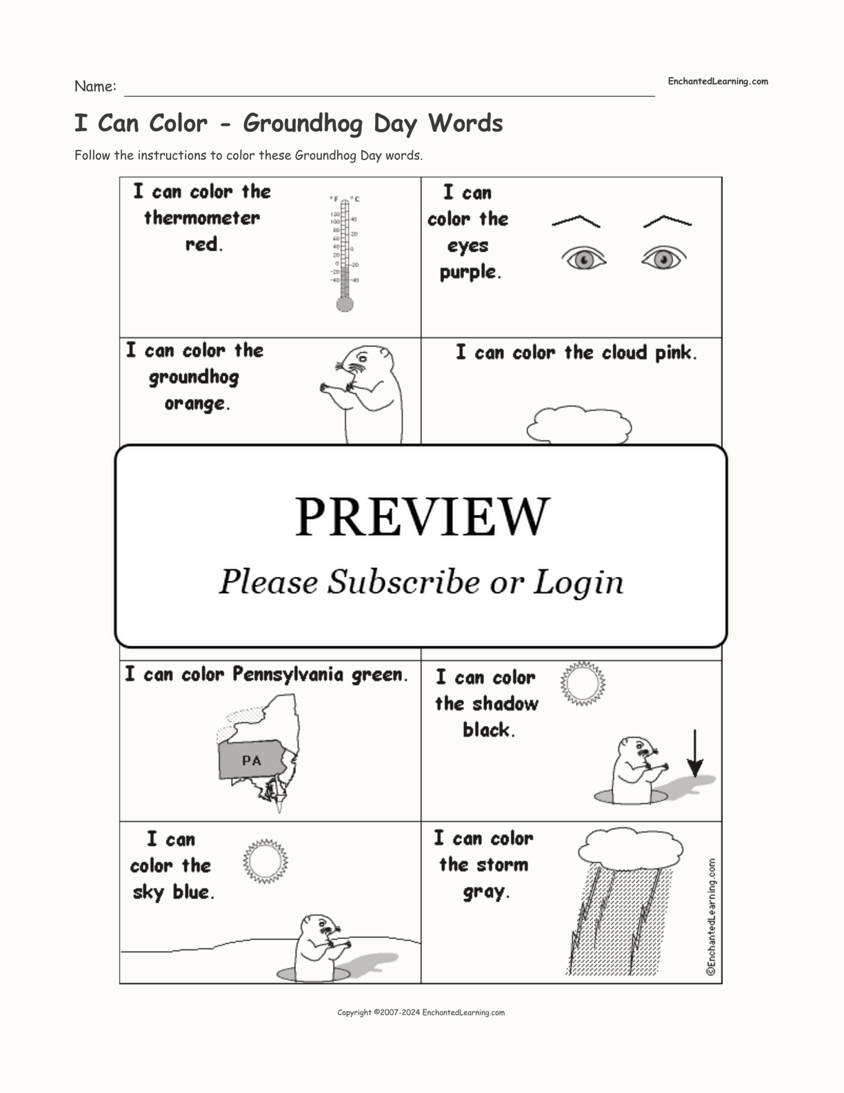 I Can Color - Groundhog Day Words interactive worksheet page 1