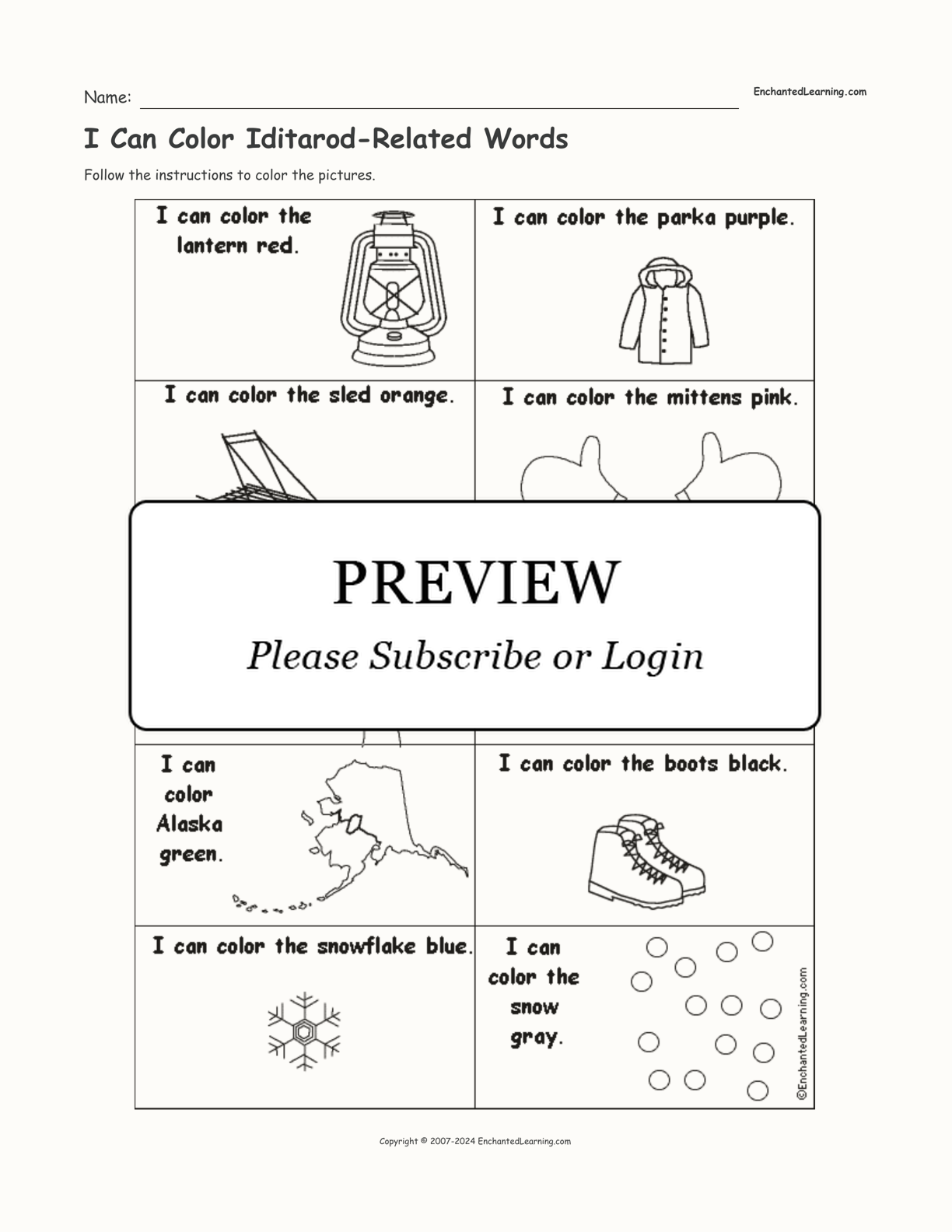 I Can Color Iditarod-Related Words interactive worksheet page 1