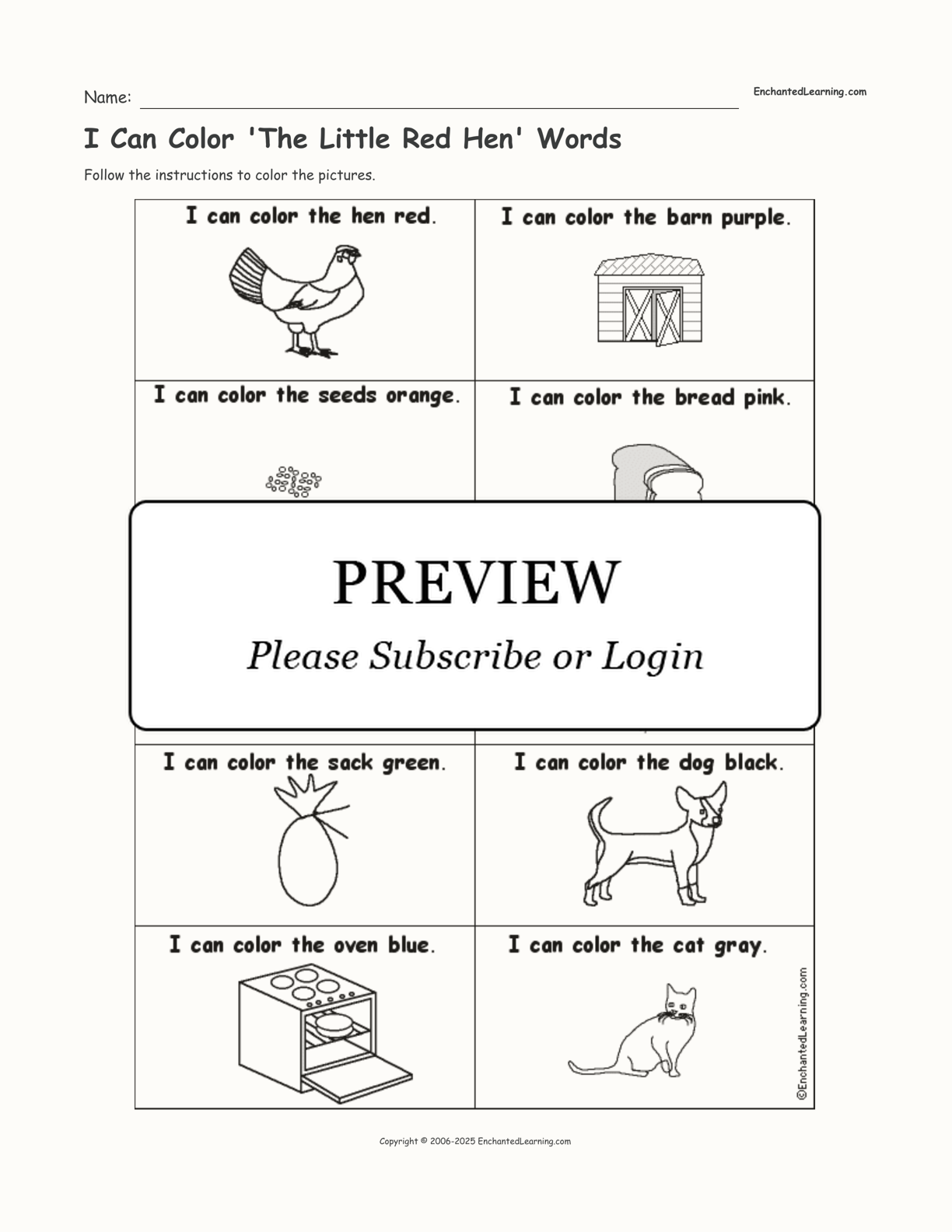 I Can Color 'The Little Red Hen' Words interactive worksheet page 1