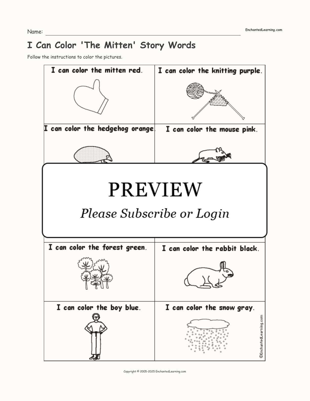 I Can Color 'The Mitten' Story Words interactive worksheet page 1