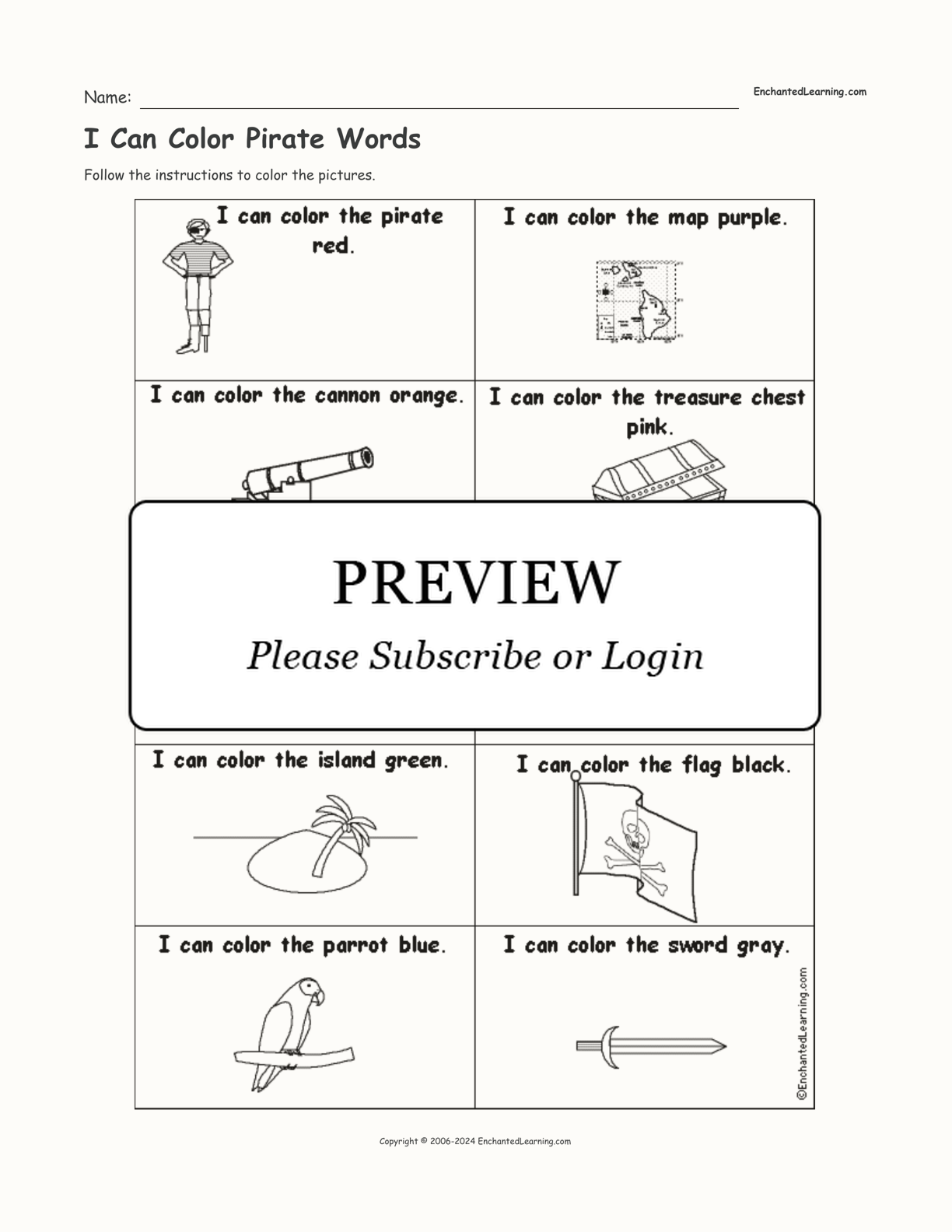 I Can Color Pirate Words interactive worksheet page 1