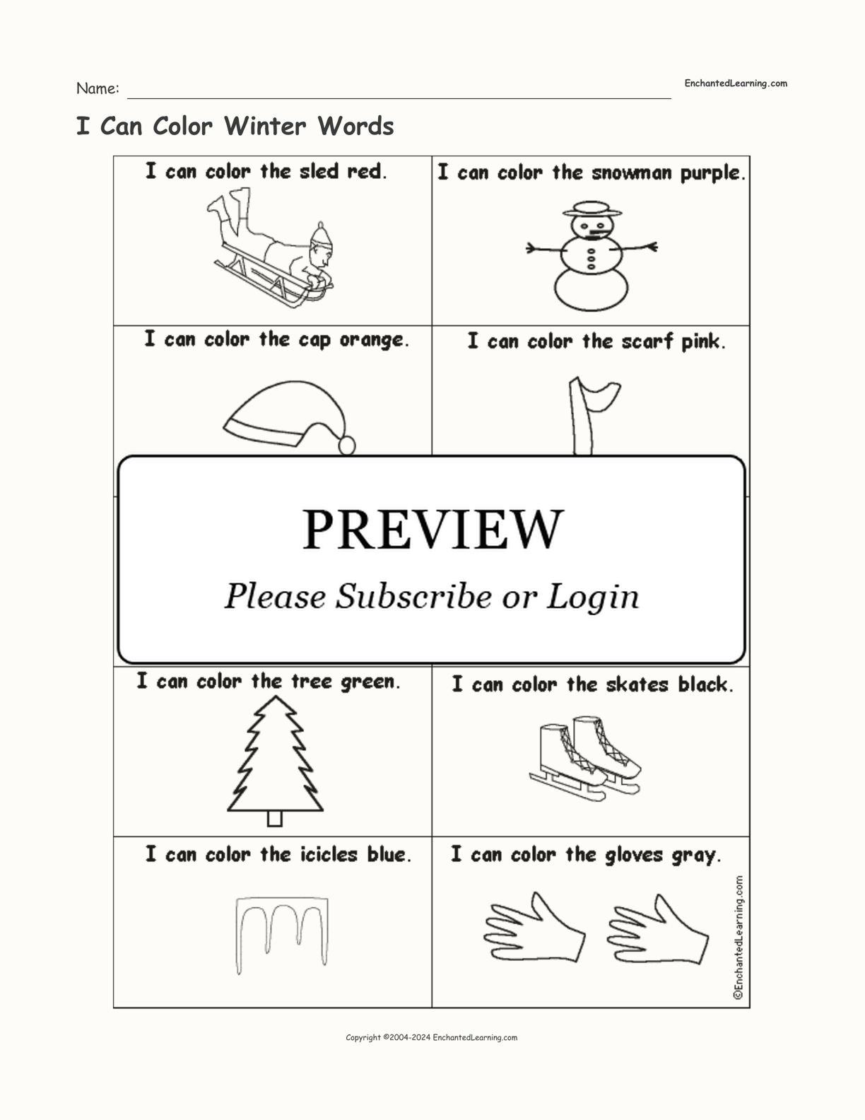 I Can Color Winter Words interactive worksheet page 1