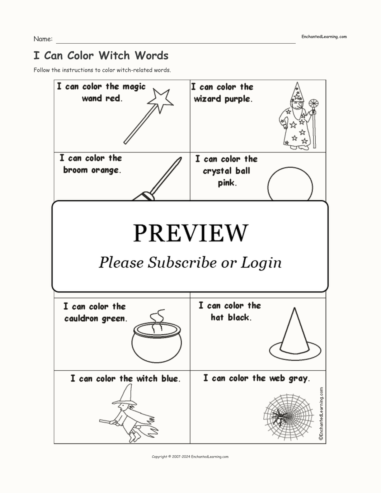 I Can Color Witch Words interactive worksheet page 1