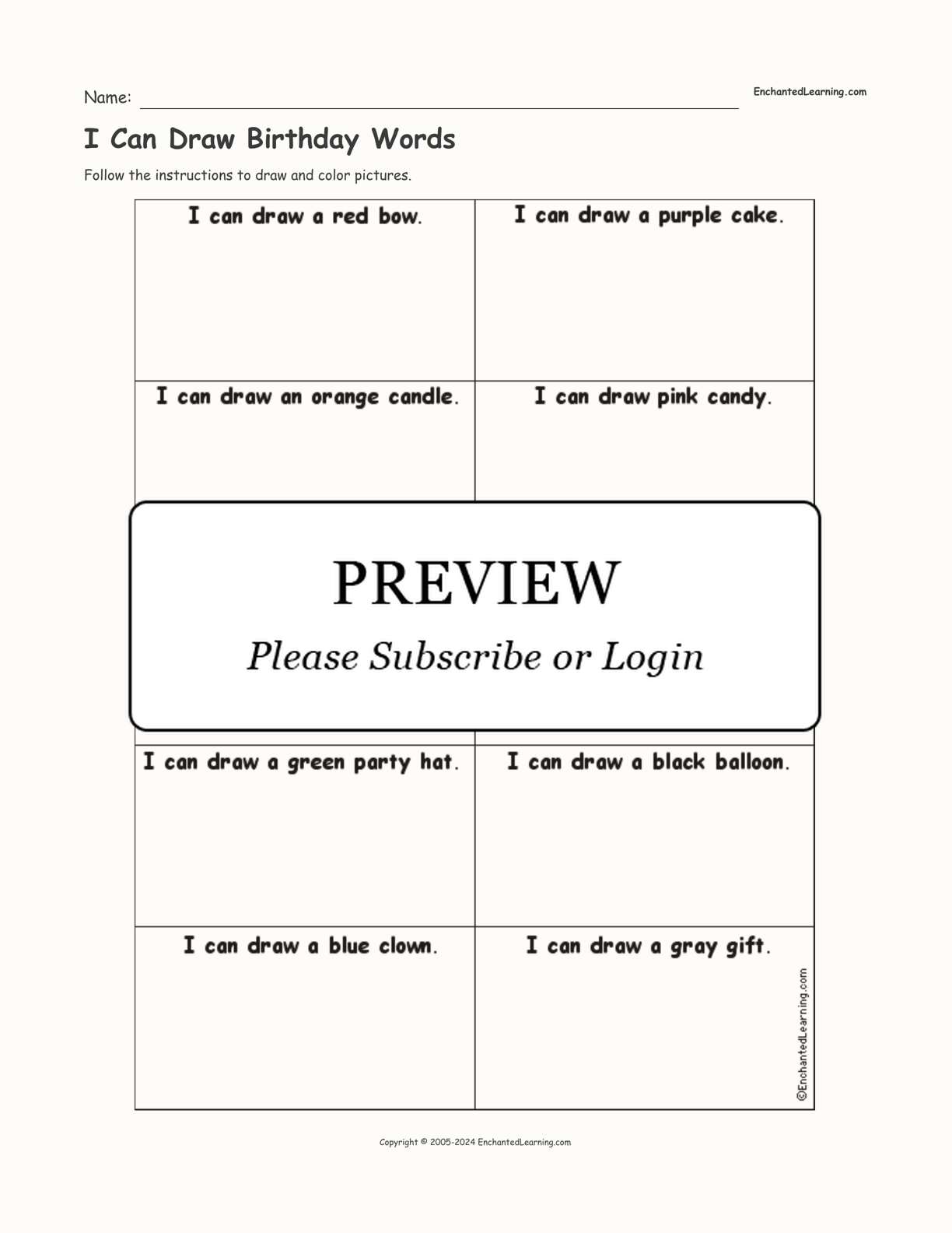 I Can Draw Birthday Words interactive worksheet page 1