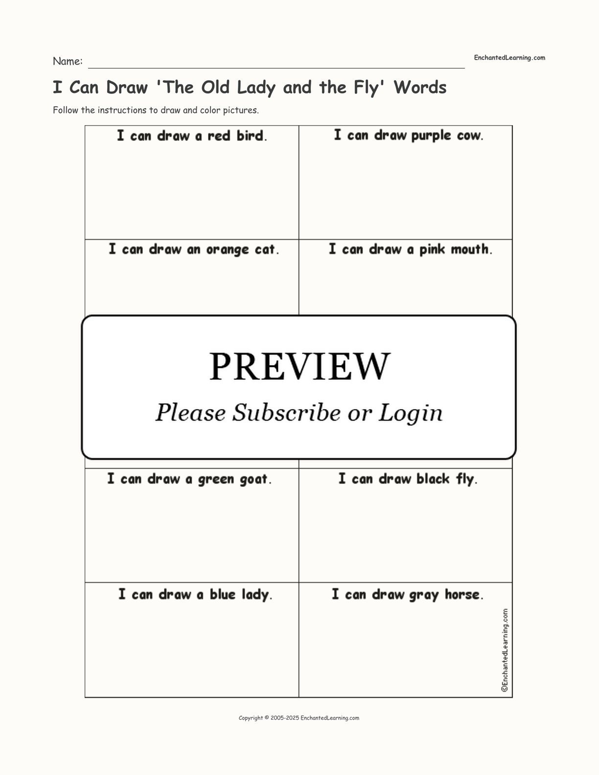 I Can Draw 'The Old Lady and the Fly' Words interactive worksheet page 1