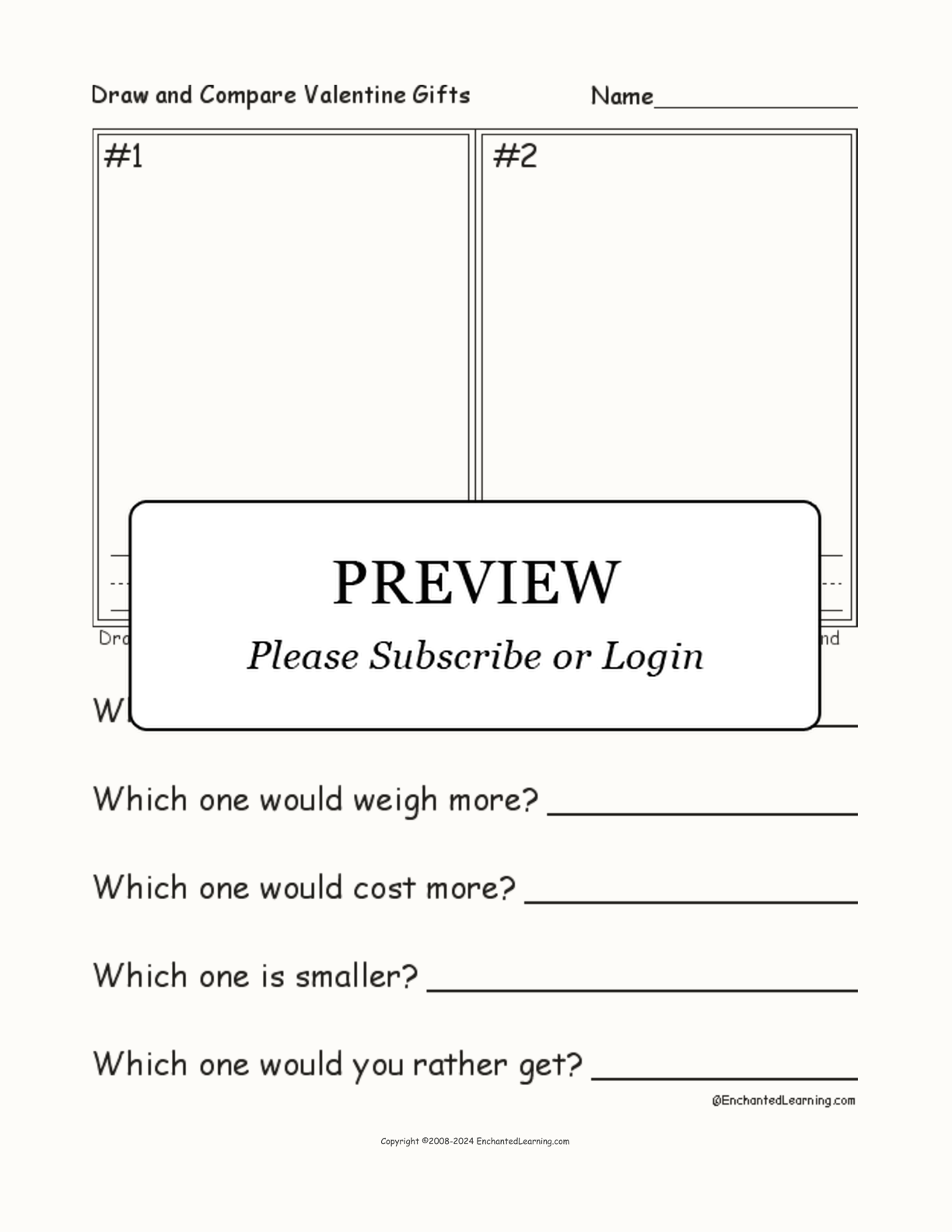 Draw and Compare Valentine's Day Gifts interactive printout page 1