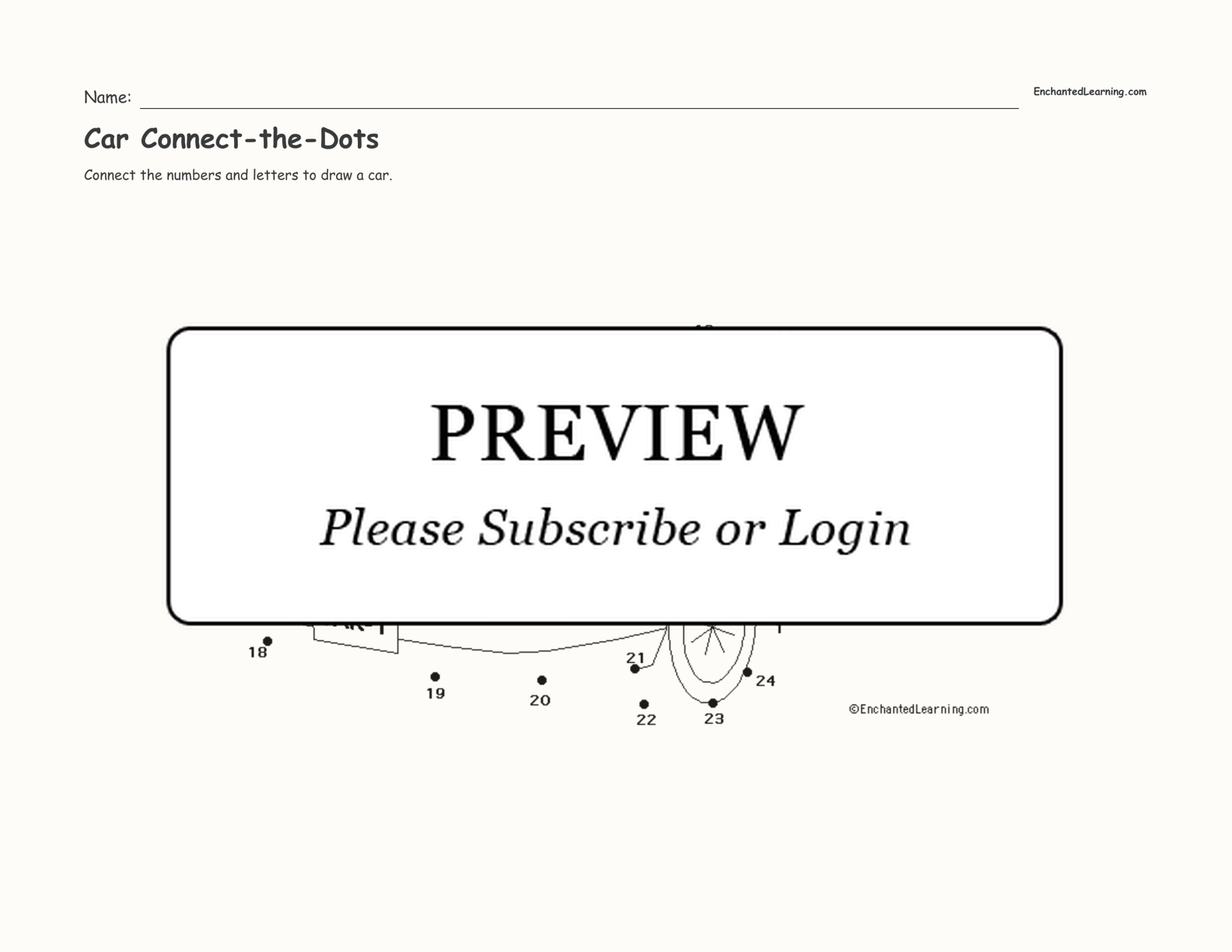 Car Connect-the-Dots interactive worksheet page 1