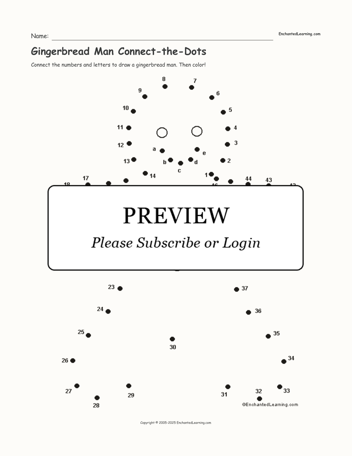 Gingerbread Man Connect-the-Dots interactive worksheet page 1