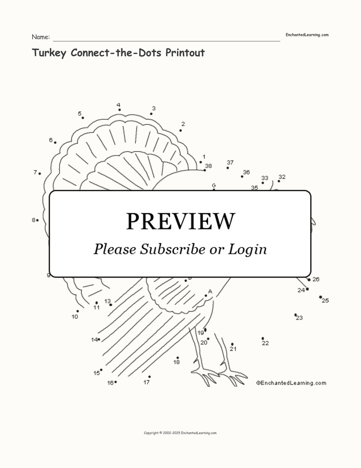 Turkey Connect-the-Dots Printout interactive printout page 1