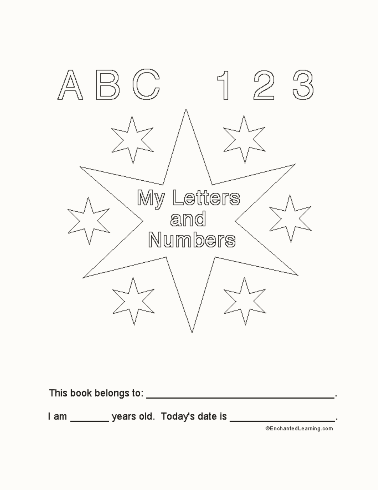 My Letters and Numbers Book Cover interactive printout page 1